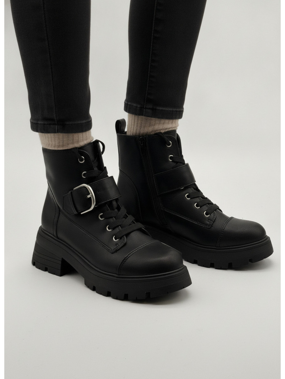 Sun Stone black lace up buckle ankle boots size 5.5M